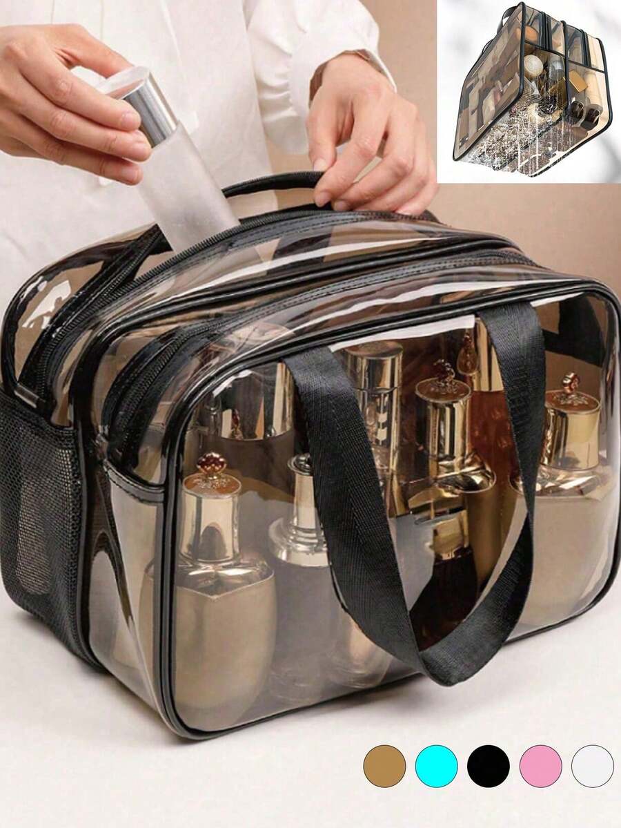 1pc PVC Transparent Cosmetic Bag, Handheld Toiletry Pouch, Makeup Bag, Travel Essential