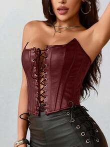 Apperloth A 性感过胸束身胸衣 PU 皮革带骨露脐抹胸上衣 女士系带前开后露背塑身衣 万圣节服装 感恩节服装 - 酒紅色 - 查看 5