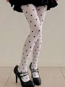 甜美清爽的波点丝袜，复古原宿风波点印花连裤袜，日常穿着 - 彩色 - 查看 2