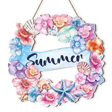 1 pieza Cartel de madera con estilo de playa hawaiana, Placa de madera de bienvenida, Decoración de pared con corona de conchas marinas de verano - Multicolor - Ver 5
