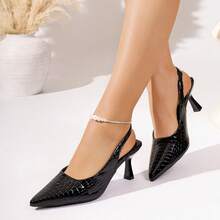 Giày cao gót mũi nhọn cài nút bằng da màu đen bóng, hở mũi, thời trang nữ Xuân/Hè 2026, kiểu dáng thanh lịch và thường ngày. - màu đen - Xem 7