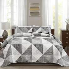 Quilt Queen Size Grey 3 Pieces Patchwork Bedspread Bedding for Queen Size Bed Soft Lightweight Microfiber Geometric Coverlet Set for All Season Quilt with 2 Pillowcases - Gris - Ver 3