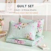 - Shabby Chic Quilt Set Floral Coquette Cottagecore Farmhouse Vintage Flowers for Women Teen Girls Reversible Lightweight Bedspread Coverlet 3 Pieces Green Queen/Full Size - Verde - Ver 3