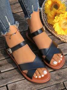 超宽超大夏季新款时尚凉鞋，厚底百搭交叉复古休闲罗马凉鞋 - 黑色 - 查看 2