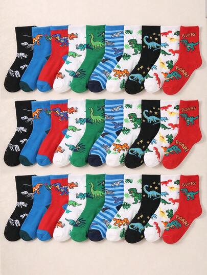 10 Pairs Kids Dinosaur Pattern Comfortable Breathable Casual Mid-Calf Socks, Suitable For School Wear In Spring And Autumn