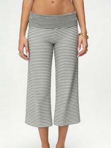 Women's Fold Over Waist Capri Fashionable Casual Solid Color Low Rise Wide Leg Crop Pants - 淺灰色 - 查看 1