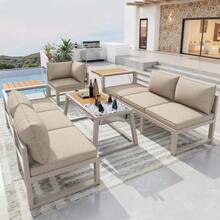 Modular Outdoor Sofa Set With Adjustable Backrest, Folding Armrests And Metal Ice Bucket, 10 Cm Thick Cushions For Terrace, Balcony, Poolside, Grey/Beige - 米色 - 查看 4