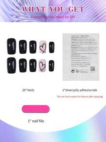24pcs Black Square & Heart Shaped Rhinestone Nail Stickers, Made Of Acrylic Material For Perfect Fit, Includes 1 Bottle Of Glue And 1 Nail File, Suitable For Valentine's Day Wear, Daily Wear For Women And Girls, Also Suitable For Valentine's Day Party - Black - View 3