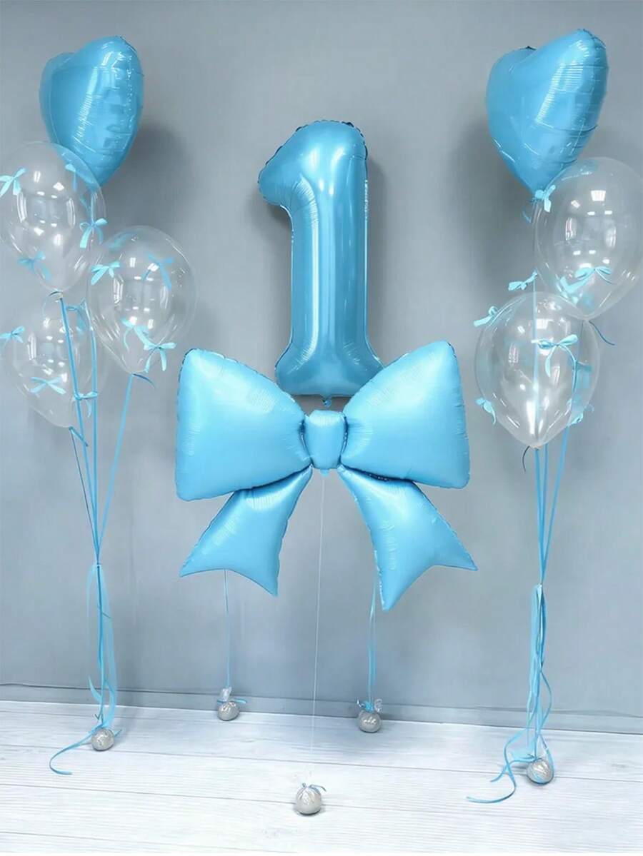 12件套生日装饰套装,包括:大号浅蓝色蝴蝶结铝箔气球、40英寸蓝色0-9数字生日气球、18英寸蓝色心形气球、透明乳胶气球(含气球丝带),适用于生日派对、周年纪念装饰。 - 淺藍色 - 查看 1