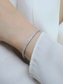 925 Sterling Silver Moissanite Tennis Bracelet For Women, Hypoallergenic, Fully Paved, Minimalist Ins Style, Versatile For Commute, Gift For Valentine's Day/Birthday, Comes In Gift Box - Silver - View 4