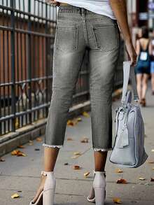 女士百搭休闲日常通勤简约风格牛仔裤，适合春夏穿着 - 淺灰 - 查看 3