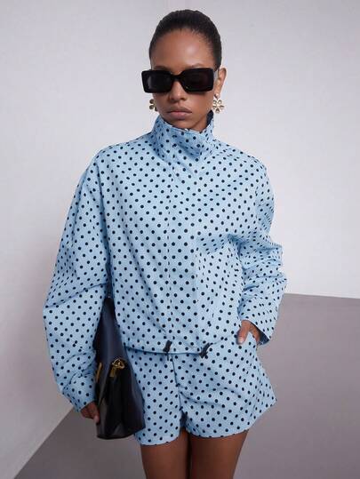 Se-Helo Women's Spring/Summer & Autumn New Arrival Clothing, Back To School/College Outfits, Street Fashion, Autumn/Winter Stylish Outfit, European And American Retro Polka Dot Stand Collar Bomber Jacket, Elegant Aviator Coat