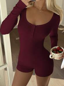 Vaiaye 女士 V 领纽扣纯色简约连体裤 - 修身长袖短款连体裤，适合健身、性感百搭的户外运动、毕业典礼、返校季、秋冬季针织连体裤，春季优雅百搭。 - 紫紅色 - 查看 9