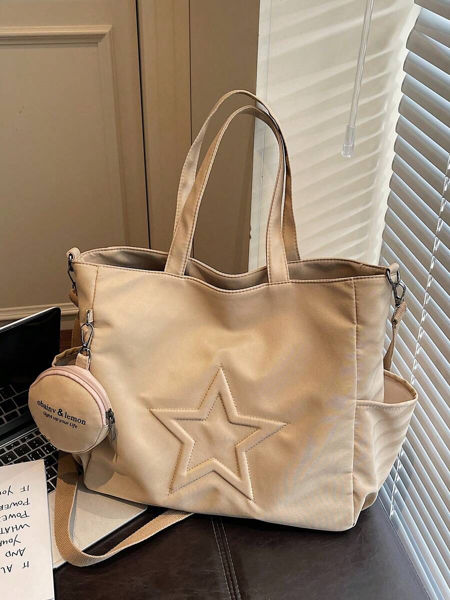 新款时尚休闲帆布材质星形图案多口袋女士手提包带零钱包 - 卡其色 - 查看 1