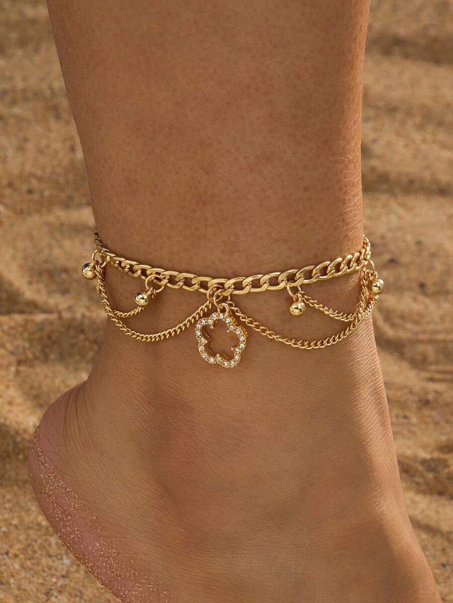 1 pieza Elegante y lujoso tobillera con borla dorada brillante y hueca con trébol para mujeres - Amarillo Oro - Ver 1