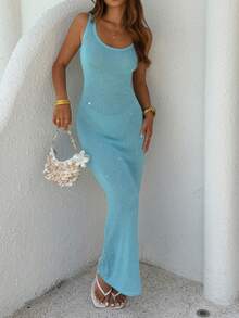 Mejors 女士休闲可爱性感优雅闪亮修身长款针织连衣裙，圆领无袖，时尚优雅沙滩度假晚礼服，适合春夏外出穿着 - 淺藍 - 查看 6