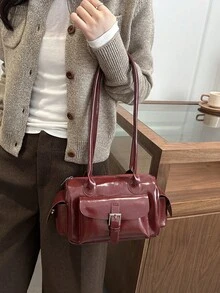 Minimalist Solid Color Shoulder Flap Bag, Classic Textured Crossbody Bag Purse For Women - Red - View 6