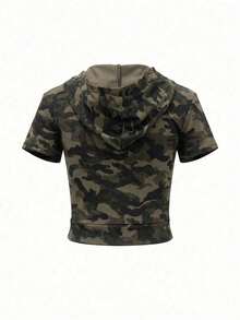 Áo cardigan/áo croptop phong cách đường phố Hàn Quốc mùa hè, dáng ôm, tay ngắn, họa tiết rằn ri, có mũ trùm đầu. - xanh quân đội - Xem 9