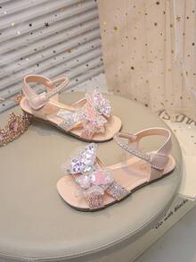 女童公主凉鞋，新款夏季美人鱼蝴蝶结水钻鞋，儿童软底防滑沙滩凉鞋 - 粉色 - 查看 3