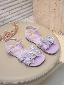 Sandalias de princesa para niñas, nuevas sandalias de verano con lazo de sirena y strass, sandalias de playa con suela blanda y antideslizante para niños - Morado - Ver 2