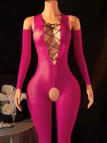 2pcs Sexy Women's Lingerie Set, Includes Sexy Bodysuit And Sleeves, Backless Bodysuit, Sexy Fitted Bikini Cover-Up, Spaghetti Strap Design, Sexy Girl Outfit, Bikini Cover-Up, Sexy Party Costume, Valentine's Day - Rose Red - View 1