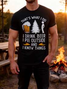 Camiseta Gráfica de Cerveza para Hombre - Diseño Humorístico: "Bebí cerveza, oriné afuera y sé cosas", Camiseta Negra Transpirable con Ligera Elasticidad, Corte Regular, Cuello Redondo, Manga Corta para Uso Casual en Verano y Todo el Año, Camiseta de Ajuste Cómodo, Ropa para Fin de Semana - Negro - Ver 5