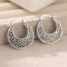 Handmade Silver-Plated Hoop Earrings In Boho Style, Suitable For Women. This Fashionable Minimalist Vintage Floral Earring Accessory Is Hypoallergenic And An Ideal Accessory For Parties Or Christmas. - Silvery - View 6