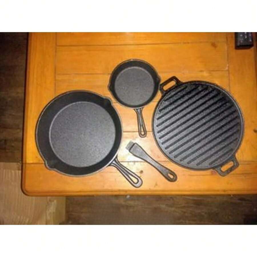 Heavy-Duty 4-Piece Pre-Seasoned Cast Iron Cookware Set, Durable Skillet & Griddle Combo For Kitchen, Camping & Grilling - Default - View 1