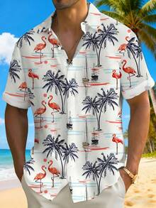 Áo sơ mi nam kiểu Hawaii, áo tay ngắn in hình hoa hồng hạc, cây cọ và thuyền buồm, thoáng khí, thích hợp cho kỳ nghỉ hè ở bãi biển. - Nhiều màu - Xem 7