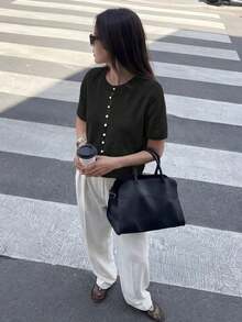 Round Neck Solid Color Faux Pearl Button Short Sleeve Casual Versatile Knit Cardigan, Loose Fit, Suitable For Everyday Wear Black Spring - Black - View 6