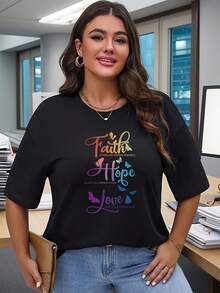 Camiseta de manga corta para mujer, talla grande, cuello redondo casual con estampado de Fe, Esperanza y Amor, tejido de punto de poliéster, ligeramente elástica, top ligero de verano, moderna y cómoda - Negra - Negro - Ver 3