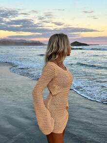 Women's Solid Color Sexy Hollow See-Through Backless Design Long Sleeve Coverup Crop Dress, Suitable For Beach Vacation, Spring/Summer White - Camel - View 8