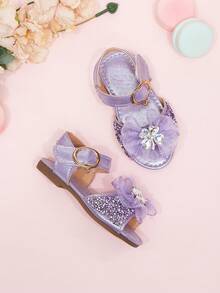 2026 Nuevas sandalias para niñas, zapatos de princesa para niños con lazo de strass, zapatos de playa para estudiantes de niñas pequeñas, verano - Morado - Ver 2