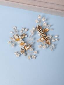 2pcs/Set Orange Flower Center Pearl Hair Clips, Hair Accessories - Gold - View 4