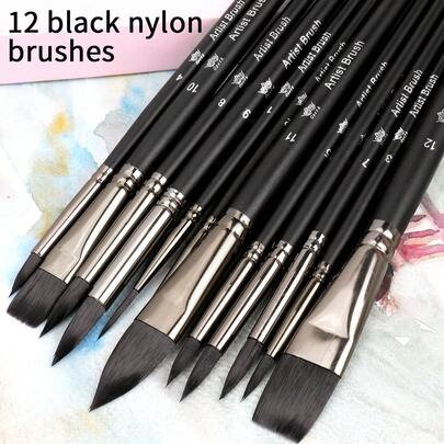 opeth 12pcs Wooden Handle Nylon Hair Paint Brush Set, DIY Graffiti Painting Brushes, Acrylic Oil Painting Brushes, Watercolor Finger Painting Brushes, Matte Wooden Handle Non-Slip Comfortable Grip