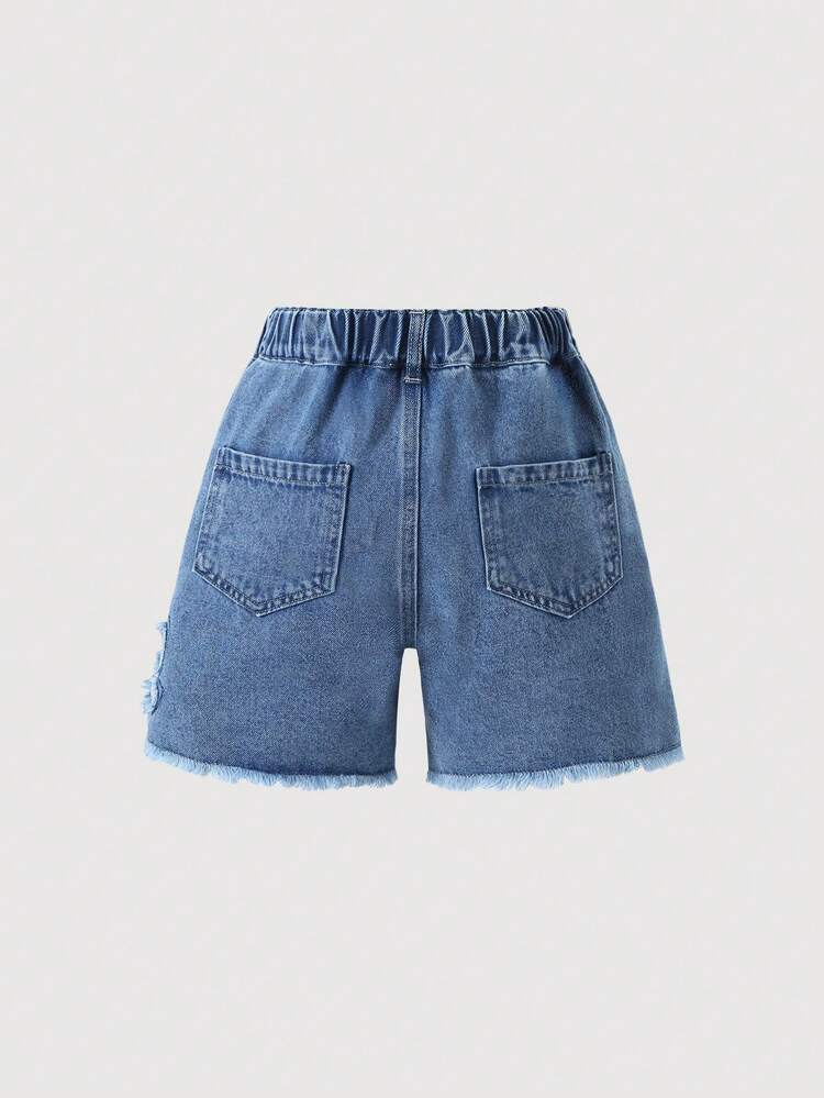 1 chiếc quần short denim dáng rộng thoải mái cho bé gái, kiểu dáng vintage, có nơ và thêu họa tiết, thích hợp cho các buổi đi chơi, tụ họp, mùa hè. - Rửa nhẹ - Xem 3