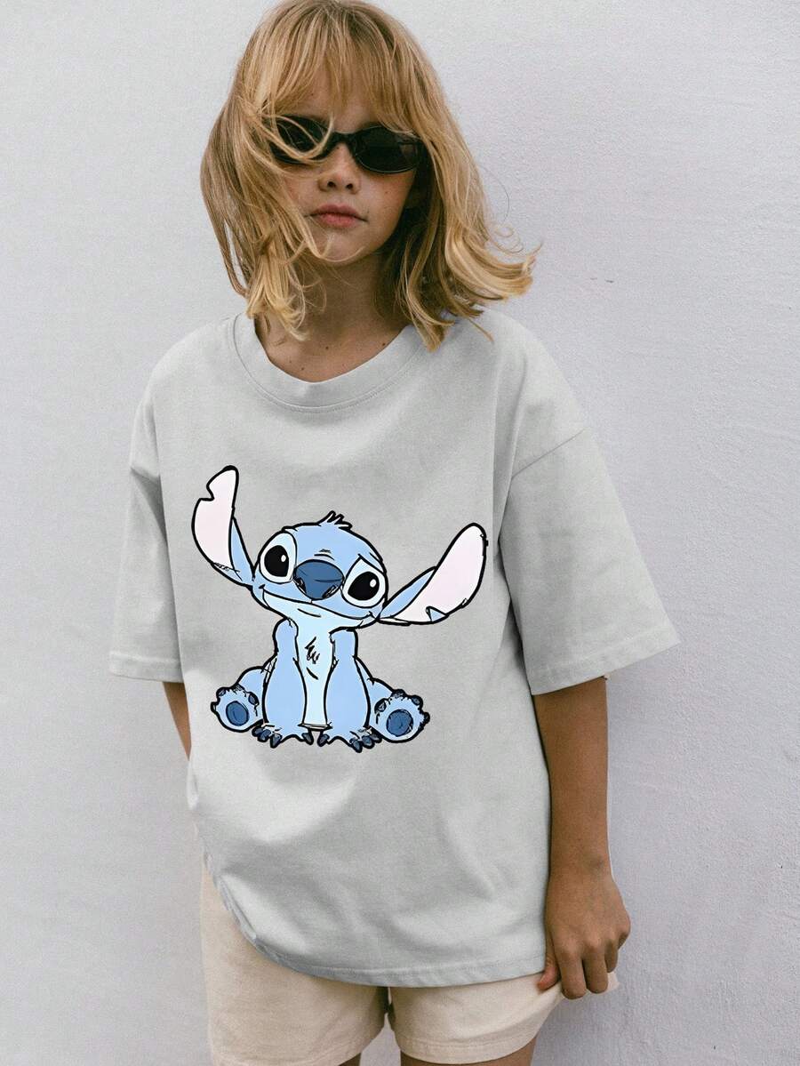Official Authorization Disney Lilo & Stitch Front Back Print Kids T-Shirt, Boys Girls Cute Stitch Graphic Short Sleeve Tee, Summer Casual Tops For Daily Wear Theme Park, Children's Clothing Holiday Gift - trắng - Xem 1