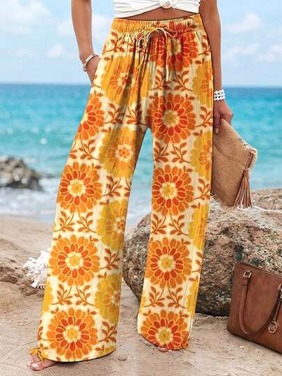 ZY服装印花收腰口袋梭织面料休闲宽松裤，适合春夏日常、街头、度假、海滩穿着，女款