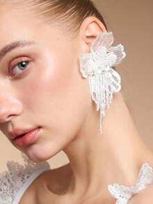 Women's Lace Flower Earrings, French Retro Crystal Tassel Earrings With Multi-Layer 3D Floral Petals, Goddess Side Profile Enhancer For Dates And Everyday Wear - White - View 4