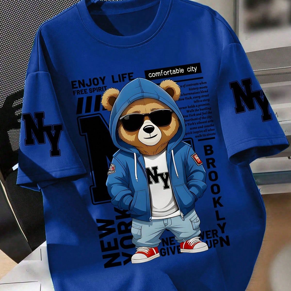 Camiseta de manga corta con cuello redondo para adolescentes con estampado de oso de peluche y eslogan, nueva camiseta gráfica para niños de primave