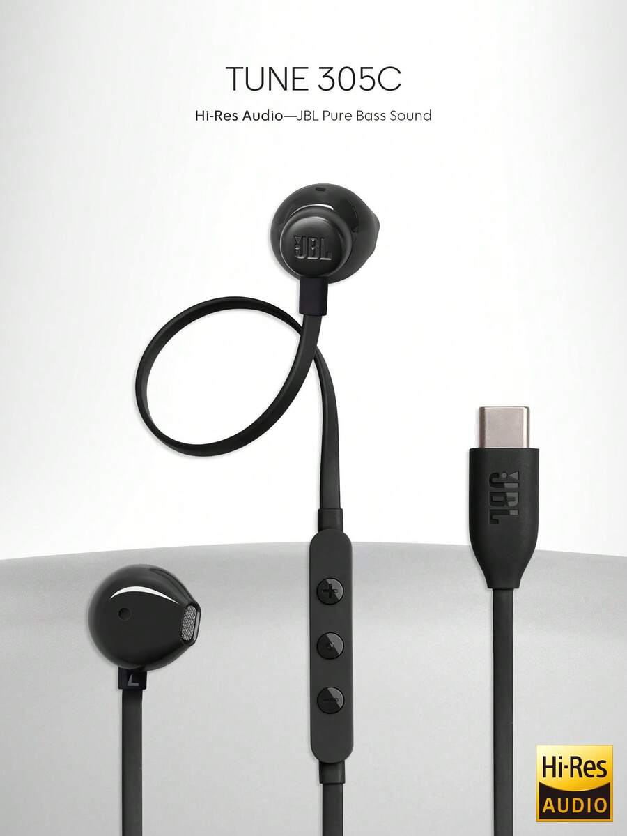 JBL Tune 305C USB C Wired Earbuds Hi Res Audio Semi In Ear Headphones With Microphone 3 Button Remote Tangle Free Flat Cable For PC Mac Laptop Phone Tablet Plug And Play