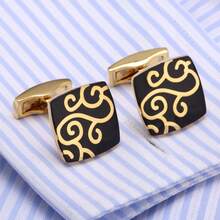 Creative Gold Pattern Cufflinks, Alloy Enamel French Style Cuff Links, Fashion Dress Shirt Jewelry Gift Box Set For Dad Husband Boyfriend Birthday Christmas - 金色 - 查看 2