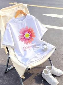 Girls' Short Sleeve T-Shirt With Vibrant Chrysanthemum Print, Soft Comfortable Crew Neck Design, Refreshing And Comfortable Summer Top, Machine Washable - White - View 2