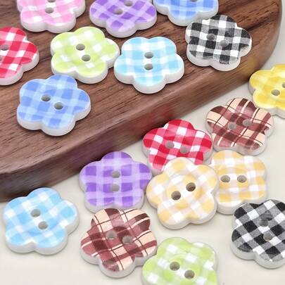 10/20/30/40/50颗装 1.5厘米/0.59英寸 可爱创意经典格子花卉双孔纽扣，树脂塑料材质，适用于服装配饰、连衣裙、外套、衬衫、毛衣DIY、玩偶、手机壳装饰