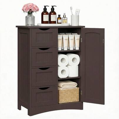 Gabinete de almacenamiento para el piso del baño con 4 cajones y estantes ajustables, de pie, color marrón