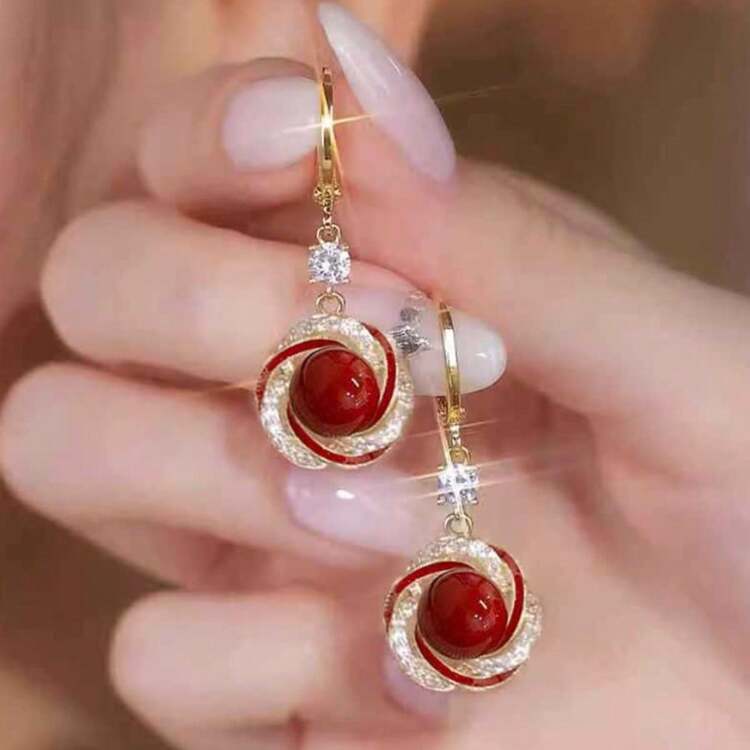 Elegant Red Faux Pearl Earrings, Luxury Chic Graceful Ear Clips, New Earrings For Socialites - Red - View 3