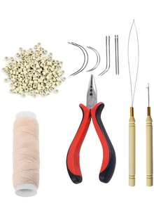 Hair Extension Tool Kit: 200pcs Silicone-Lined Micro Link Beads, 1pc 3-Hole Hair Clip, 1pc Sewing Thread, 1pc Threader, 1pc Pulling Hook, 8pcs Sewing Needles (Dark Brown/Black/Beige) Hair Extension Tools - Beige - View 10