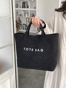 复古大容量女士手提包，字母印花简约设计，通勤百搭 - 黑色 - 查看 2