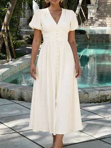 PoPoHouse Women's Solid Color Elegant V-Neck Puff Sleeve Dress, Suitable For Resort Wear, Spring/Summer - Apricot - View 3