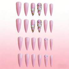 1 Box (24pcs) Pink & Gold Flower Cluster False Nails, Essential For Daily Wear And Dates - Multicolor - View 4